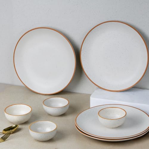 The Earth Store Handcrafted White Matte Brown 8 Piece Ceramic Dinner Set, 4 Full Dinner Plates, 4 Vegetable Bowls | Microwave & Dishwasher Safe | Ceramic Plate | Katori