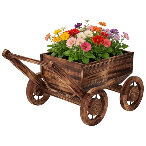 Wooden Flower Cart with Wheels Wooden Wagon Planter Outdoor Garden Planter Decor Planter Kit for Patio Balcony Trolley Decoration Succulent Flower Pot Indoor Backyard Balcon DecorSmall