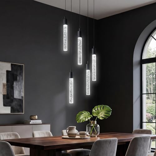 Image of Modern Light Fixture Kitchen Island Pendant Light Dimmable LED Black Pendant Lights Mini Crystal Pendant Lighting for Bedroom Dining Room Living Room（5-Light ）