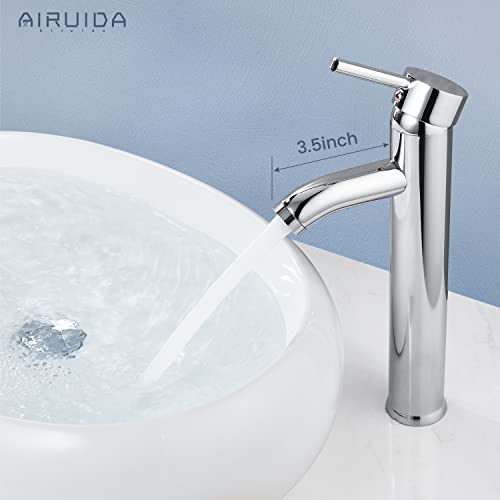 Airuida Vessel Sink Faucet Chrome Polish Single Hole Bathroom Sink Faucet Tall Single Handle Bathroom Deck Mount Mixer Tap One-Hole Bowl Vanity Barrel Sink Faucet With Circular Spout And Supply Hoses #TOP6