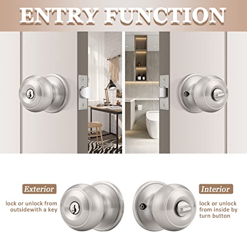 Probrico (6 Pack) Satin Nickel Round Entry Door Knobs Keyed Alike, Exterior/Interior Door Handles Bedroom Bathroom/Front/Offic Doors, Door Lock With Locks And 3 Combo Keys Lock Security #TOP3