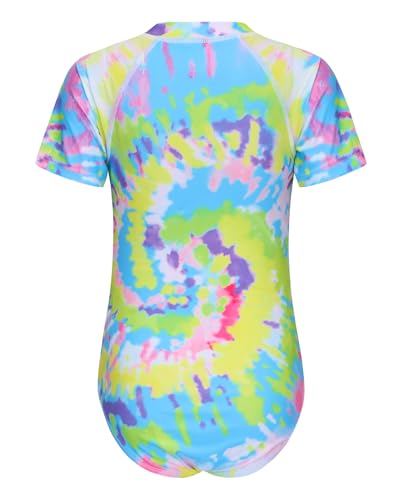 Image of Girls One Piece Rash Guard Swimsuits for Kids Girls Short Sleeve Bathing Suits with Front Zipper Swimwear 3-16 Years