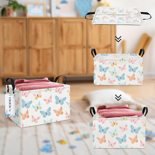 Image of Rectangular Folding Laundry Basket,Waterproof Canvas Basket,Gift Basket,Suitable for Children's Room,Office,Clothes,Toys Storage(Colorful butterfly)