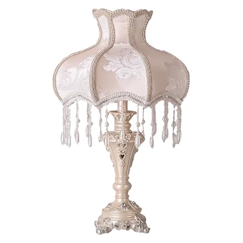 Classical Victorian Table Lamp European Style Fabric Desk Lamps with Fringe Beaded Lampshade Painted Resin Base Handmade Vintage Flower Bedside Night Light for Bedroom Living Room Office (13inch) Cover