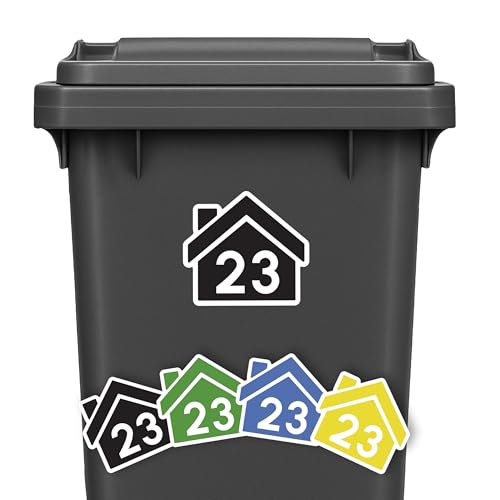 4-Teiliges Set Personalisierte Aufkleber für Mülltonnen Abfallbehälter & Wheelie Bins | Wetterfest & UV-beständig | Mit Hausnummer | Für Restmüll Bio Papier Gelber Sack | Made in Germany