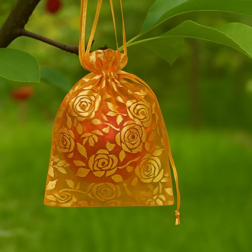 Image of XCLUSY 50PCS (13X18CM)(5x7 inchINCH) Potli Bags for Gifting - Multipurpose Wedding Return Gift Bags | Party Favour, Birthday, Anniversary, Festive Packing Pouches | Organza, Cloth, Brocade, Fancy Luxury Goodie Bags (ORANGE PRINTED, 1 Count(Pack of 50))