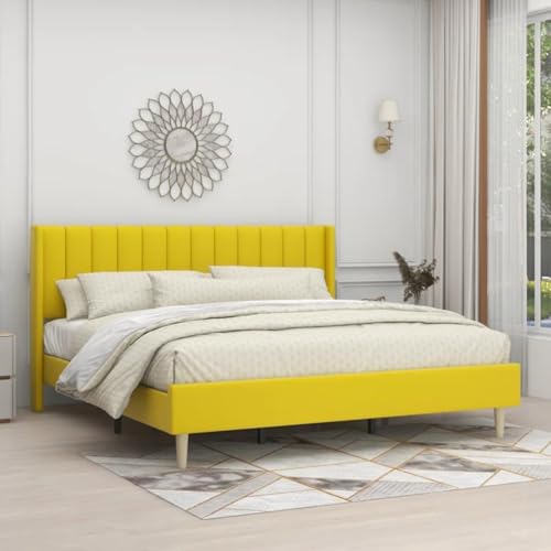 Image of Low Profile Upholstered Platform Bed with Winback Headboard | Bed Queen Size | Bed for Bedroom, Living Room | Bed Without Storage | Mattress not Included | Fabric Color:- Yellow