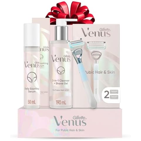 Gillette Venus for Pubic Hair and Skin, Holiday Gift Set With 1 Razor Handle + 2 Blade Refills, 2-in-1 Cleanser + Shave Gel and Daily Soothing Serum Cover