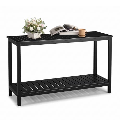 VINGLI 49in Solid Wood Outdoor Console Table, 2-Tier Patio Buffet Bar Table, Multi-Functional Storage Sideboard for Garden, Porch, Balcony (Black)