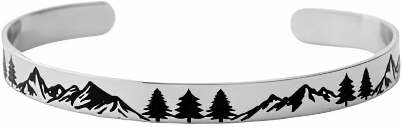 Forest Mountain - Stainless Steel Cuff Bracelet, Pine Trees, Outdoor Travel, Hiking, Skiing, Wanderlust, Travelers Gift, Custom Personalized for Couples Sisters Friends, Anniversary Birthday Christmas