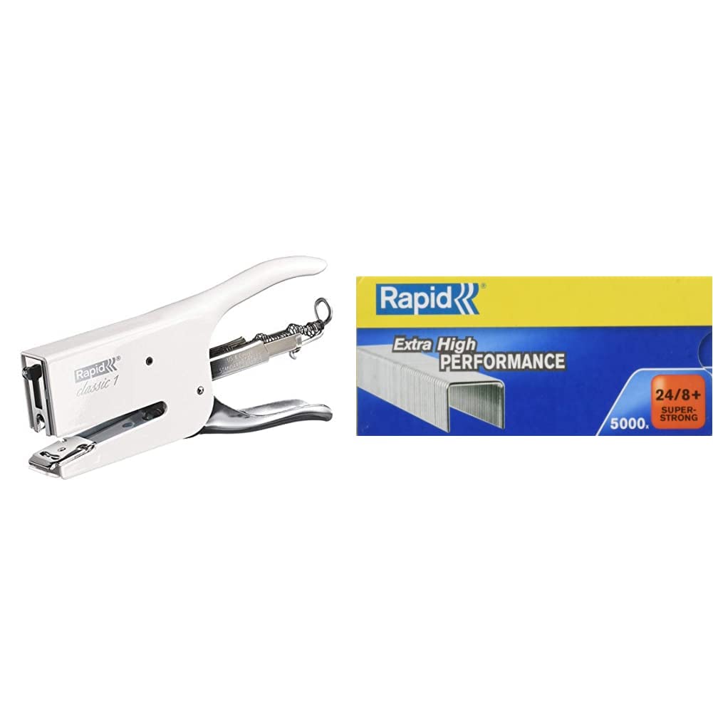 Rapid Classic K1 Cucitrice a Pinza, Compatibile con i Punti Metallici 24/6 e 24/8 mm, Capacità 50 Fogli, Metallo, Bianco + Rapid Punti metallici Super Strong 24/8+ - 24860100