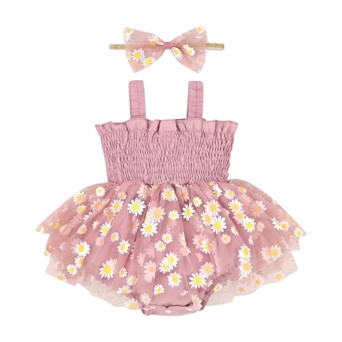 Image of Aenbilo Baby Girl Summer Clothes Sleeveless Girl Clothes Cute Lace Daisy Romper Bodysuit Summer Outfits Headband 0-12Months