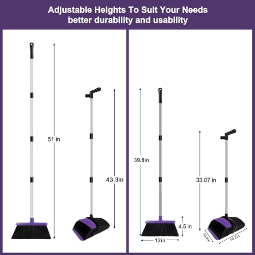 Image of UDUK Broom with Dustpan Combo Set, 51 inch Household Dustpans and Broom, Standing Dust Pan Set for Home, Purple Cleaning Set for Kitchen Lobby Indoor Outdoor