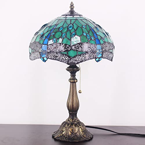 Zjart Tiffany Table Lamp 1-Light 19 Inch High Green Stained Glass Dragonfly Style Reading Lamp Nightstand Bedside Desk Light Vintage Traditional Handmade Office Desk Lamp Pull Chain Switch Control #TOP5
