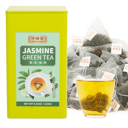 Chinese Green Tea Bag Loose Leaf Pure Leaves in Iron Can Jasmine Green Tea Bags | 100% Natural with No Artificial Additives | 50 Count