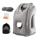 JefDiee Inflatable Travel Pillow, Airplane Neck Pillow Comfortably Supports Head and Chin for Airplanes, Trains, Cars and Office Napping with 3D Eye Mask, Earplugs and Portable Drawstring Bag (Gray)