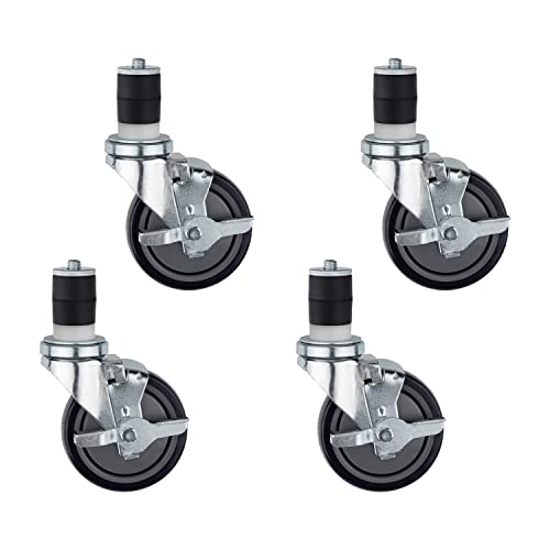 DuraSteel 1-1/2" Expanding Stem Caster with Side Brake for Commercial Kitchen Prep Work Tables - 4" Polyurethane Wheel / 5" Mounting Height, 600LBs, Set of 4 by DuraSteel - Used condition - US$22.80