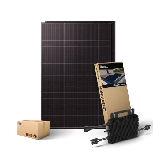 Kleines Kraftwerk 1000W XL Balkonkraftwerk Komplettset Flachdach-Halterung – 0% MwSt für Privatkunden – 800W Wechselrichter WiFi & Bluetooth, 2× 500W bifaziale Solarmodule, 10 m Kabel – Solaranlage