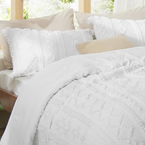 Image of Bedsure Tufted Boho Comforter Set Oversized King - Bright White Boho Bed Set, GentleSoft 3 Pieces Farmhouse-Style Embroidery Bedding, Gifts for Woman, Soft Jacquard Kids' Comforter for All Seasons