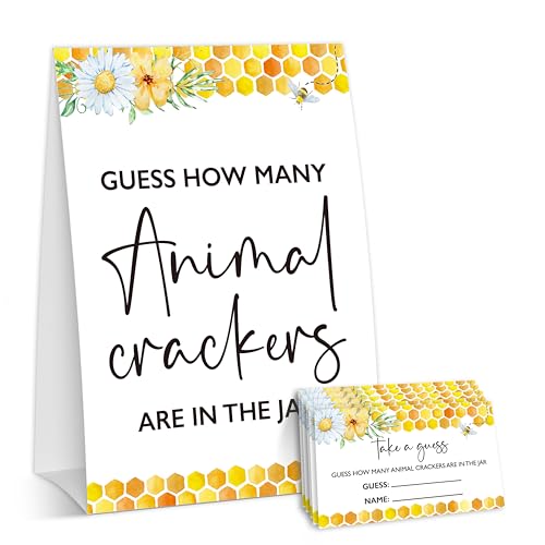 Fbitey Honey Bee Baby Shower Games, Summer Daisy Floral Guess How Many Animal Crackers Games, Bumble Bee Gender Reveal Party Decorations and Supplies, 1 Sign & 50 Cards-A11