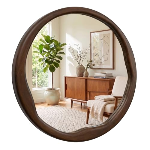 Pocetry Round Dark Wood Mirror 30 Inch, Large Solid Wood