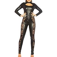 Koucla Mono de manga larga caliente con encaje y cordones decorativos, Negro , S/M