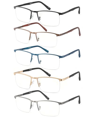 JOLISU 5 Pack Reading Glasses for Men/Women, Blue Light Blocking Computer Metal Readers, Lightweight Half Frame with Spring Hinge (2.00)