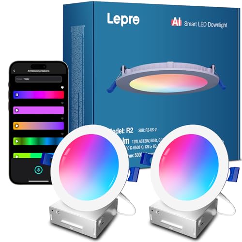 Lepro R2 AI 6 inch LED Recessed Light - Personalized AI Lighting Designer, Dimmable Wafer Lights RGBCW Sync with Music, Smart Canless Downlights Work Alexa & Google Assistant, 12W 1050 Lumen, 2-Pack