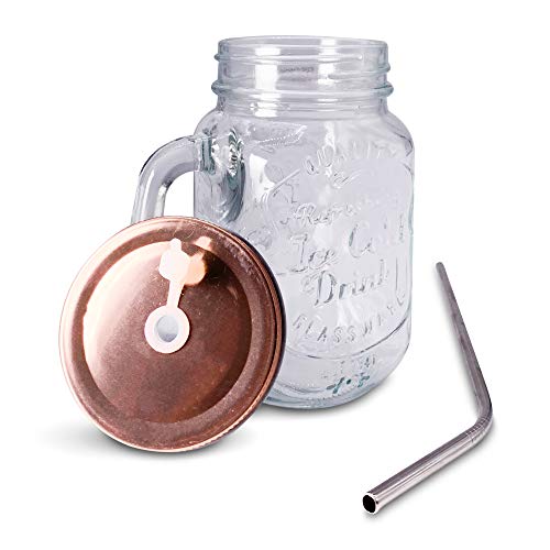 Home Suave - Mason Jar Mugs With Handle, Regular Mouth Colorful Lids With 2 Reusable Stainless Steel Straw, Set Of 2 (Rose Gold), Kitchen Glass 16 Oz Jars,Refreshing Ice Cold Drink & Dishwasher Safe #TOP1