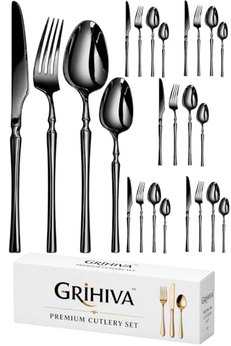 Image of 24 Pcs Black Slim Handle Stainless Steel Cutlery Set for Dining Table with Spoons and Forks Set + Butterknives - The Perfect Tableware /Flatware