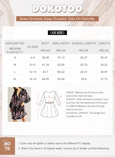 Dokotoo Fall Dresses For Women 2024 Summer Casual Boho Floral Deep V Neck Long Sleeve Smocked Elastic High Waist A-Line Swing Babydoll Mini Dress Flowy Beach Party Sundresses Multicolored Medium thumb #3