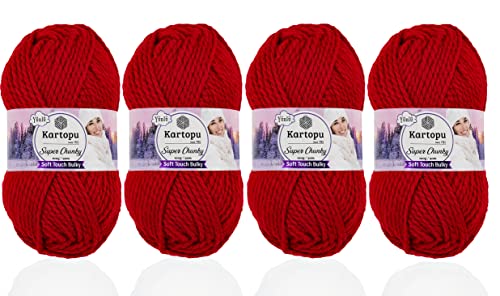 Kartopu Super Chunky,Wool Knitting Rope,(4Balls) Each Skein(Ball) 3.53 Oz (100g),Thick Winter Knitting Yarn (RED 125)