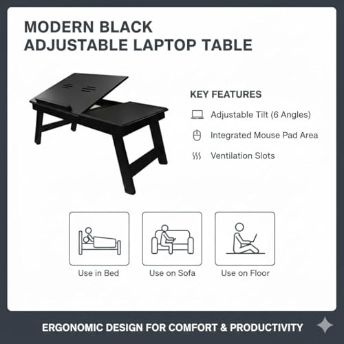 Image of VASIL MART A Versatile Laptop Table or lapdesk with a Spacious Working Area for Home That is Made of Solid Mango Wood and is Adjustable Foldable, with Phone and Tablet Holder (Mat -Black)