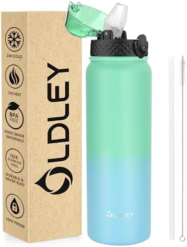 OLDLEY Stainless Steel Water Bottle with Straw 1L Vaccum Insulated Large Drink Flask Metal Water Bottles 1 Litre Leakproof Keep Drinks Hot Cold for Bike Camping Sports Gym Adult Women Men
