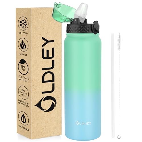 OLDLEY Stainless Steel Water Bottle with Straw 1L Vaccum Insulated Large Drink Flask Metal Water Bottles 1 Litre Leakproof Keep Drinks Hot Cold for Sports Bike Gym Adult Women Men(Leaf Blue, 1 Lid)