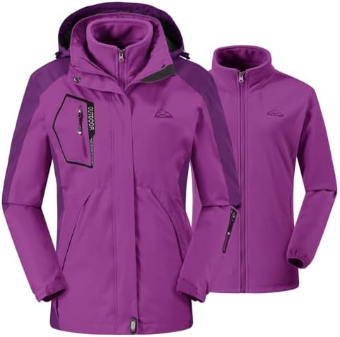 donhobo Damen Outdoor 3-in-1 Skijacke mit Fleecejacke wasserdichte Regenjacke Winddicht Warm Winterjacke Doppeljacke Funktionsjacke mit Abnehmbare Kapuze