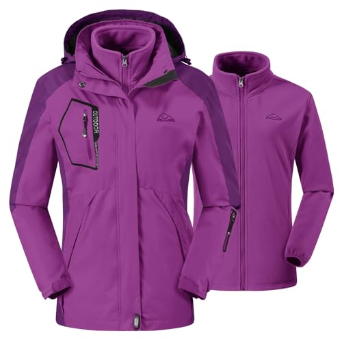 donhobo Womens 3 In 1 Jackets Fleece Ski Jacket Softshell Winter Waterproof Full Zip Windproof Coat Zip Pockets(Purple,XL)