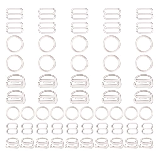Tupalizy 60PCS Bra Strap Hooks Replacement for Sewing Bikini Halter Swimsuit Tops Lingerie Rings Nylon Bathing Suit Clips Clasp Adjustment Sliders for Nightgowns Slip Dress,3 Styles,8mm and 12mm,Clear