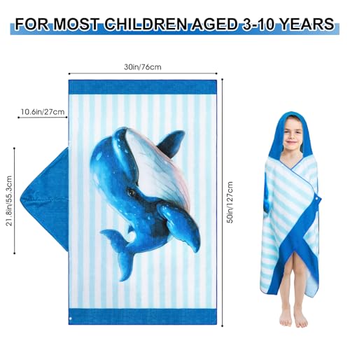 Queenshin Blue Striped Whale Hooded Bath Beach Towel, Sandproof Fast Dry Microfiber Poncho Changing Towel Robe for Boys & Girls 30 x 50 inch