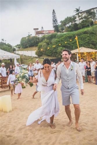 Men's Linen Suits 2 Pieces Slim Fit Short Suit Casual Linen Tuxedos Summer Beach Wedding Prom Vest and Shorts Pants3