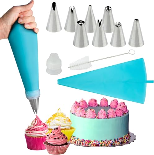 YIN AISIKE Silicone Piping Bags 8 pcs Stainless Steel Nozzles Set with Coupler 30cmx17cm-1 Reusable Icing Piping Bag with Cleaning Brush for Decorating Cakes Pastries & Cupcakes