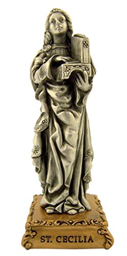 The Michelangelo Liturgical Sculpture Collection Pewter Saint St Cecilia Figurine Statue on Gold Tone Base, 4 1/2 Inch