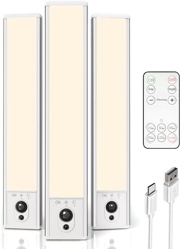 EZVALO 3-Pack Under Cabinet Lighting, 2400mAh Motion Sensor Light, LED Closet Lights Wireless, 3000K Dimmable, Timer, Magnetic, with Remote Control for Kitchen, Closet, Stairs