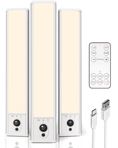 EZVALO 3-Pack Under Cabinet Lighting, 2400mAh Motion Sensor Light, LED Closet Lights Wireless, 3000K Dimmable, Timer, Magnetic, with Remote Control for Kitchen, Closet, Stairs