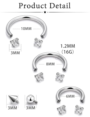 Oufksiyy 16g Septum Rings Internally Threaded Surgical Steel Septum Jewelry Lip Rings Hoop Labret Jewelry Horseshoe Earrings Daith Piercing Jewelry for Women Men 6mm 8mm 10mm 12mm Silver Gold Black2
