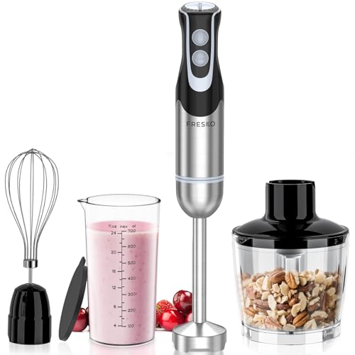 FRESKO Immersion Blender Handheld, 4-in-1 Stainless Steel Hand Electric Stick Mixer with 12-Speeds & Turbo Mode, Powerful 500W Emulsion Blender with Beaker, Chopper & Whisk Blender+Measuring