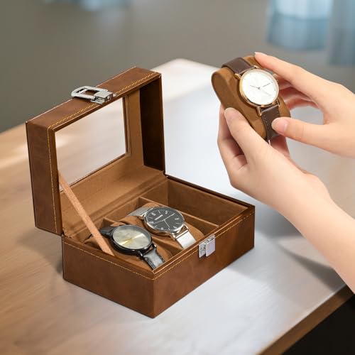 Image of Uten 3-Slot Watch Box, PU Leather Watch Case with Glass Lid, Watch Holder Organizer with Soft Pillow and Velvet Lining, Watch and Jewelry Storage Box, Brown