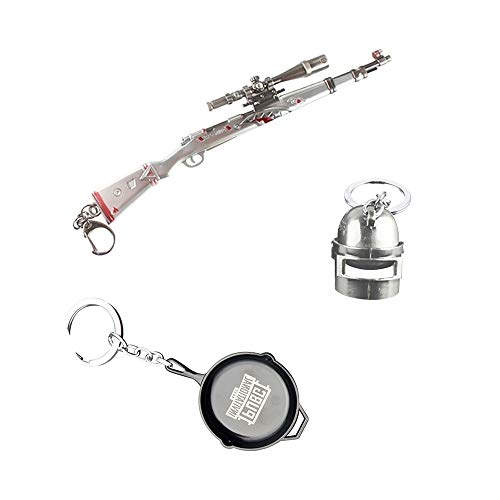 Metal Keychain 3PCS Iron Key Ring Pendant Including Shark Bite Kar98K Frying Pan and Level 3 Helmet