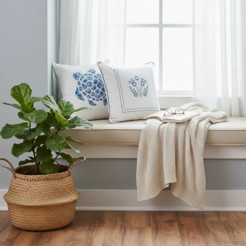 Image of Coastal Essence White & Blue Embroidered Cushion Cover Set of 2