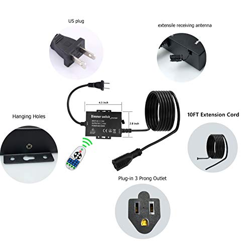 Outdoor Dimmer Switch Plug-in Dimmer Switch for String Lights, Max 800W Bulbs Dimmer Switch with 10 Ft Extension Cord 3 Prong 100 Ft Wireless Remote Control, Timer Function - Thumbnail 5